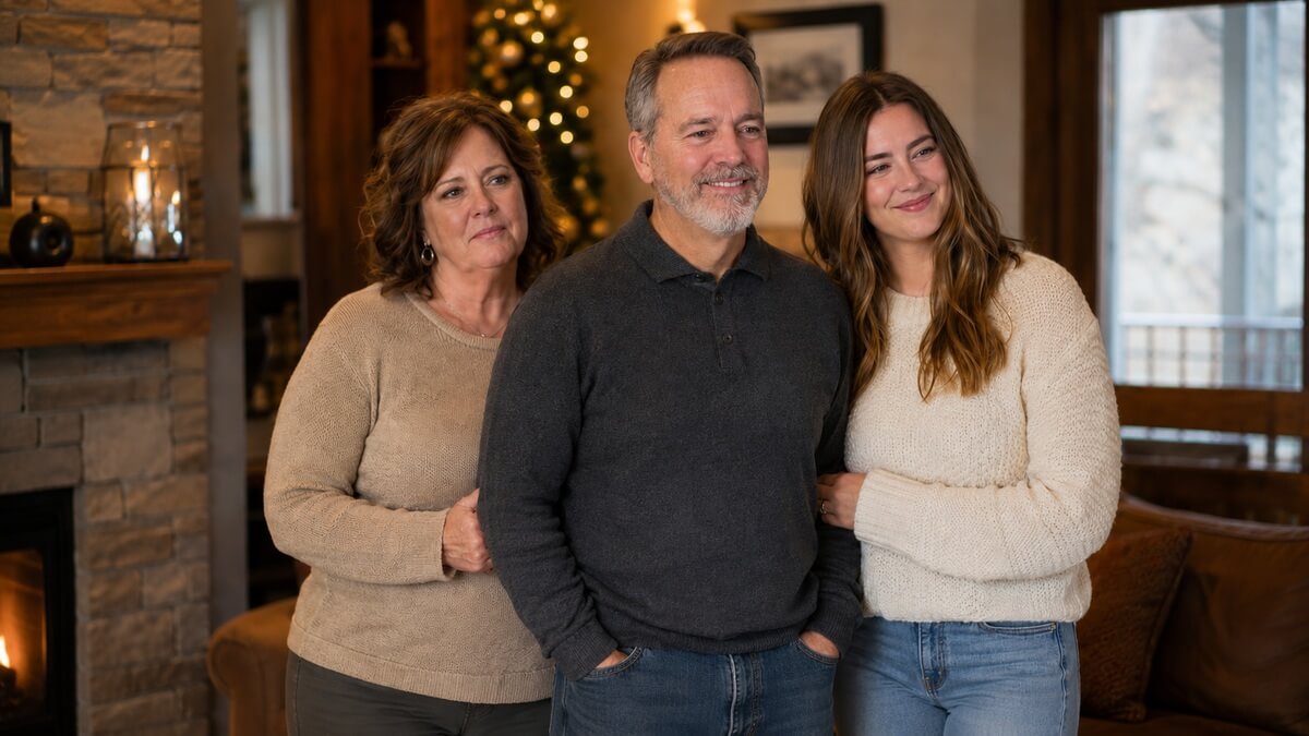 Woman over 50 hiding behind family during photo