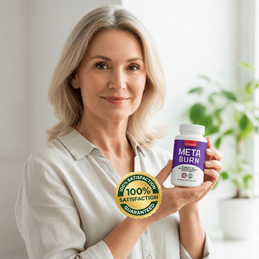 Woman holding MetaBurn bottle with 100% Satisfaction Guaranteed badge