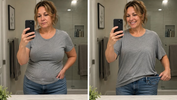 Before and after comparison — same woman wearing identical outfit: left side outfit fits tightly, right side same outfit is dramatically oversized showing significant weight loss in the same clothes