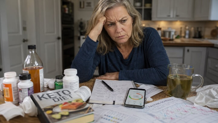 Illustration of a woman overwhelmed by failed diet books, keto, supplements — representing failed weight loss attempts