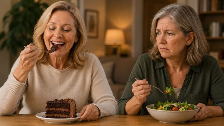 Two older women at a table, one smiling while eating cake and the other eating salad while looking frustrated and envious