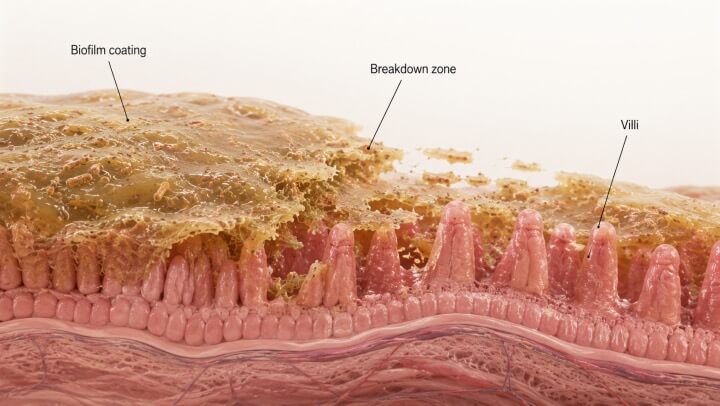 Scientific illustration of botanical compounds breaking down gut biofilm — 'Biofilm Breakdown', 'Herbal Enzymes', 'Nutrient Absorption'