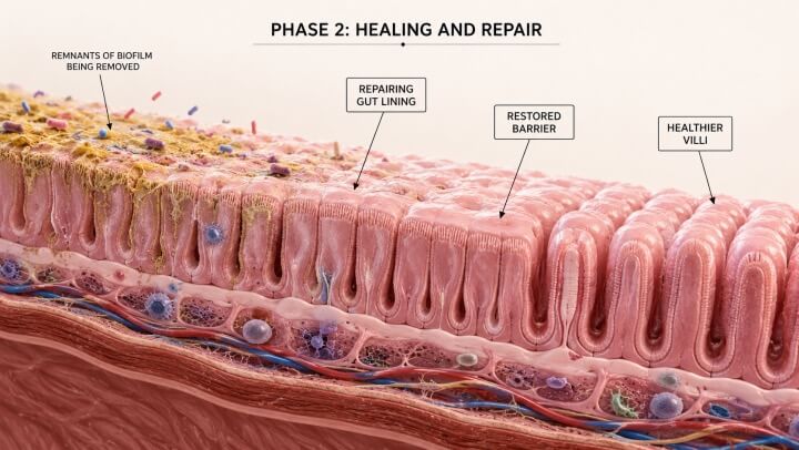 Medical illustration showing gut wall progression from damaged tissue to regenerating tissue to healthy tissue