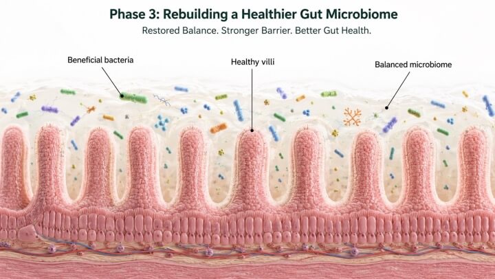 Scientific 3D illustration of a restored gut microbiome with healthy beneficial bacteria colonizing the intestinal wall
