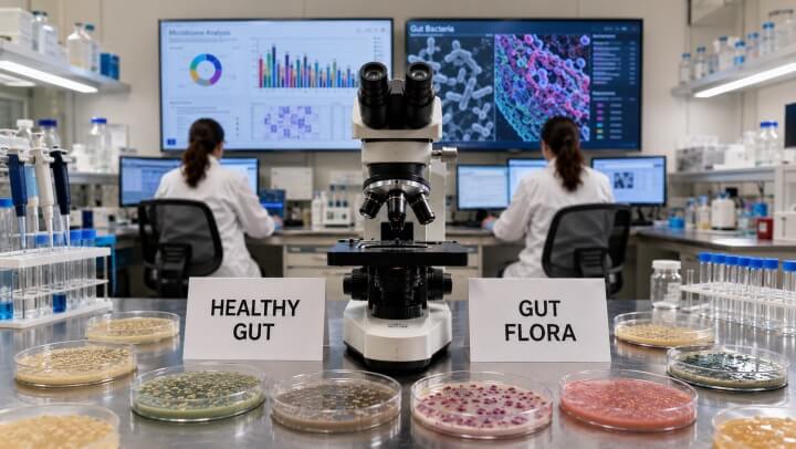 Research laboratory comparing healthy gut bacteria samples — 'HEALTHY GUT' and 'GUT FLORA' lab plates