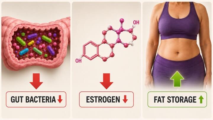 Diagram showing estrogen decline, gut bacteria die-off and fat storage connection