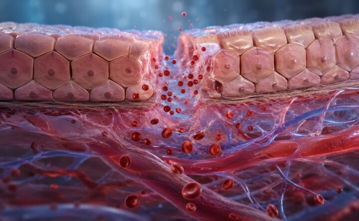 3D illustration of leaky gut — bacterial toxins passing through damaged intestinal wall into bloodstream