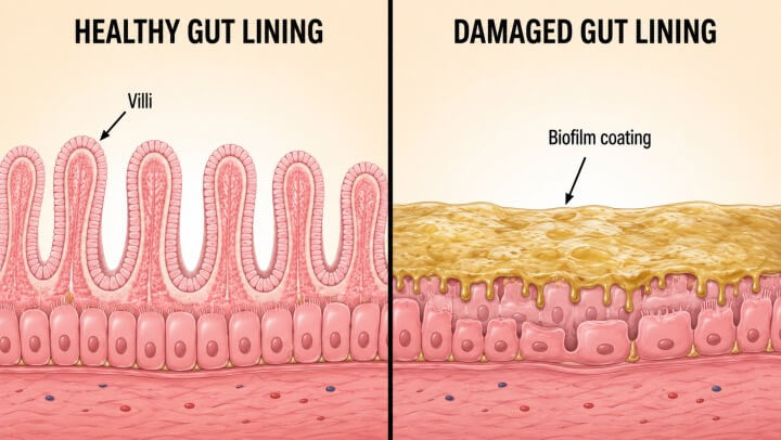Detailed medical illustration of gut biofilm — bacterial fortress coating the intestinal wall